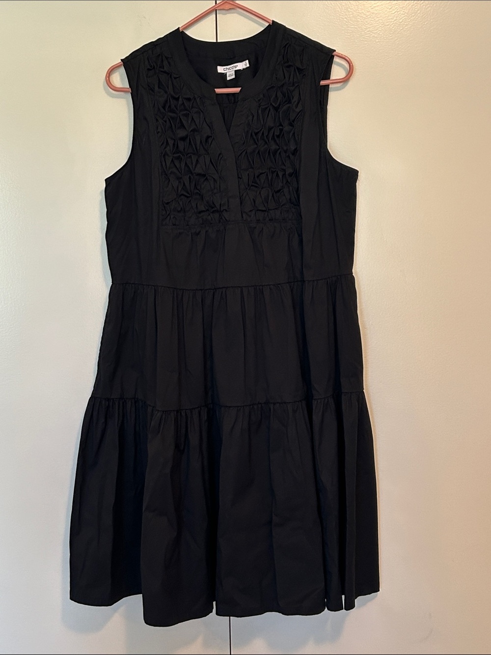 Chico's Black Sleeveless Tiered Dress with Textured Bodice